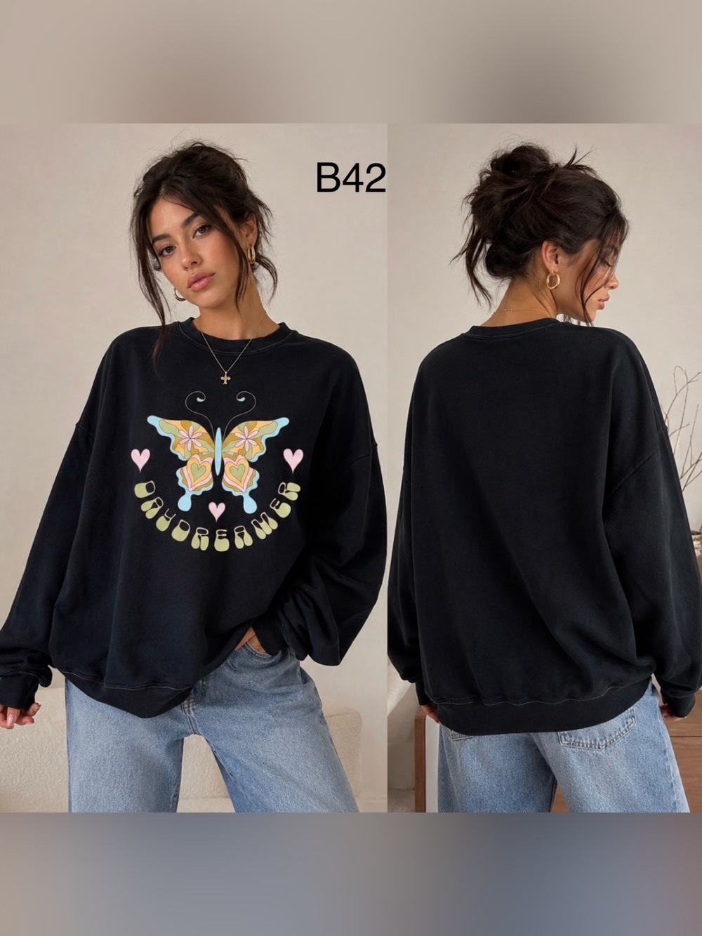 PacSun Black Sweatshirt with Pastel Butterfly Graphic, One Size